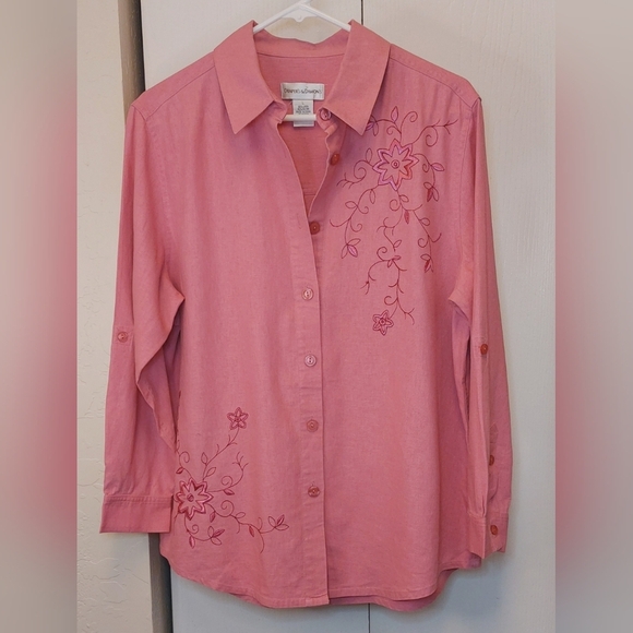 Draper's & Damon's Tops - Draper's & Damon Pink Linen Button Up Top Size Large Blouse Embroidered Top Boho